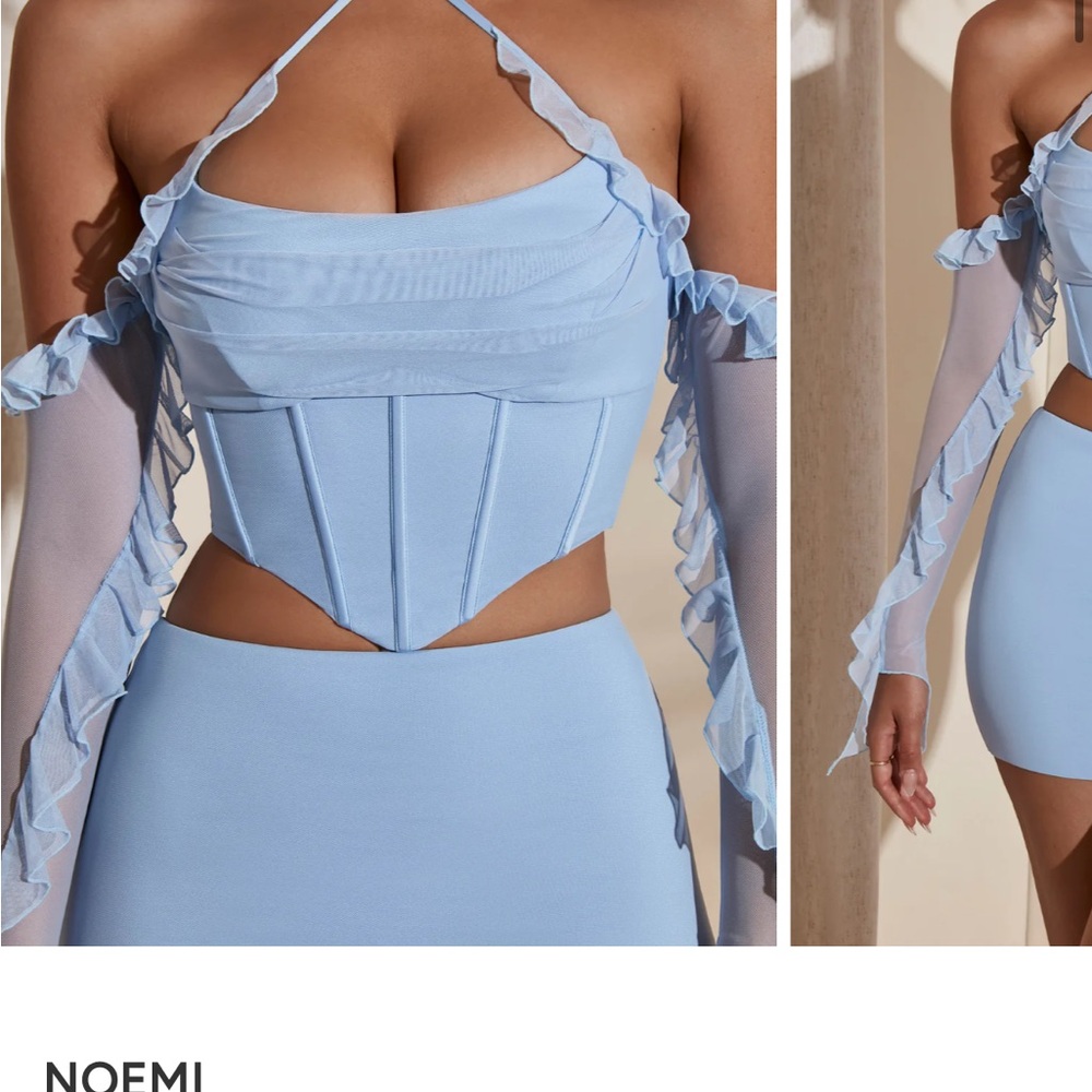 Long sleeve cowl neck corset  and matching micro mini skirt